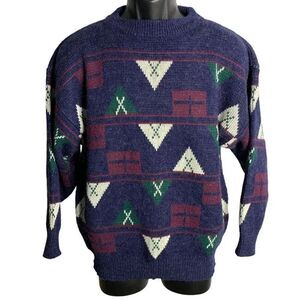 Vintage 80s Crewneck Pullover Knit Sweater L Blue Wool Blend Nautical